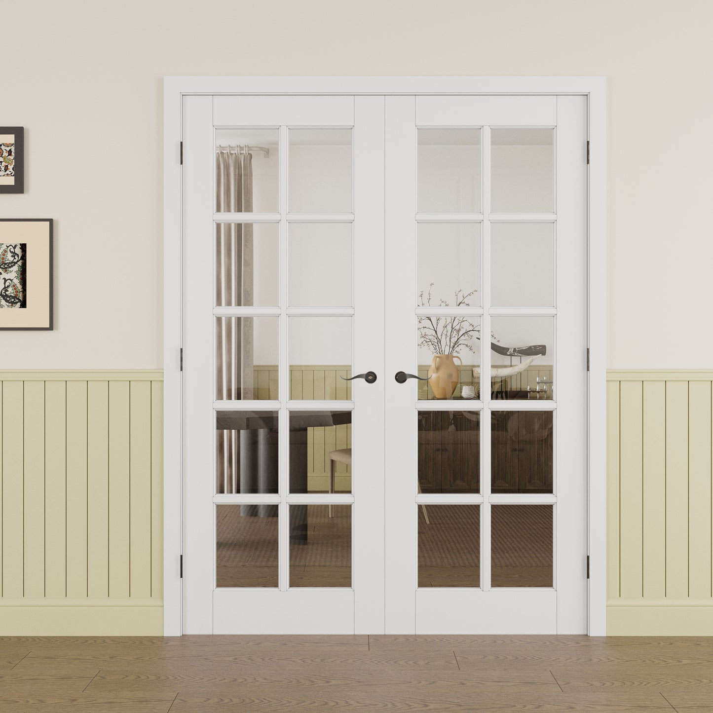 JUJUBON Prehung French Door, 10-Lite Tempered Clear Glass Door Slabs with Jamb, Black Hinges, 4 Levers & Latch, Solid Core Interior Doors, Pre-Finished & Paintable,Double Doors Interior