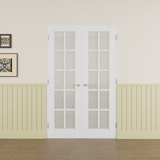 JUJUBON Prehung French Door, 10-Lite Frosted Glass Panel with Sliver Handware Kits, 4 Levers & Latch, Solid Core Interior Doors, Pre-Finished & Paintable, MDF Double Doors Interior