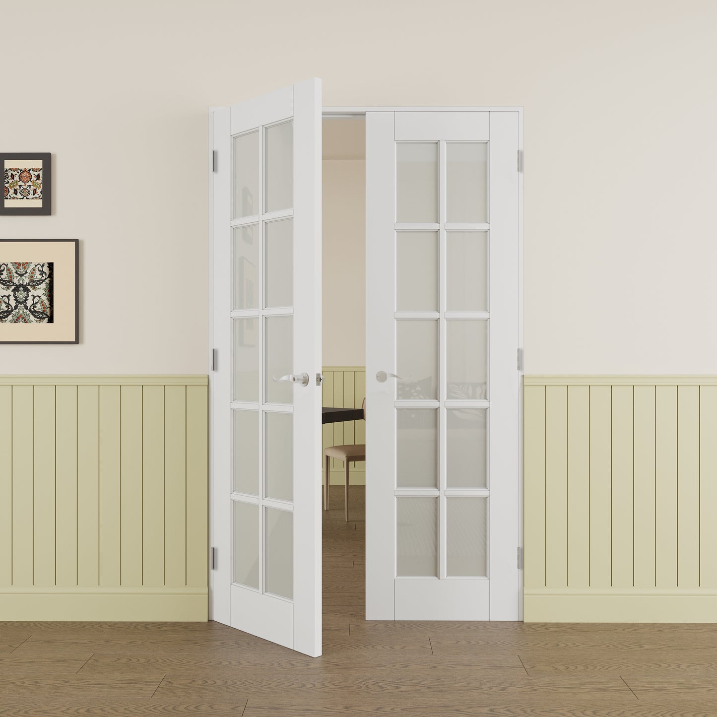 JUJUBON Prehung French Door, 10-Lite Frosted Glass Panel with Sliver Handware Kits, 4 Levers & Latch, Solid Core Interior Doors, Pre-Finished & Paintable, MDF Double Doors Interior