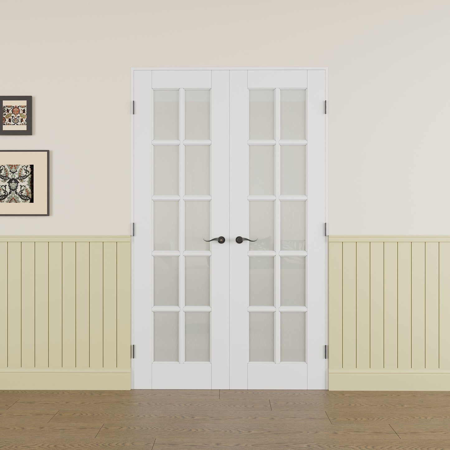 Jujubon 10-Lite Frosted Glass French Door with Hardware Kit & Ready-to-Assemble Jamb, Solid Core MDF Wood, White