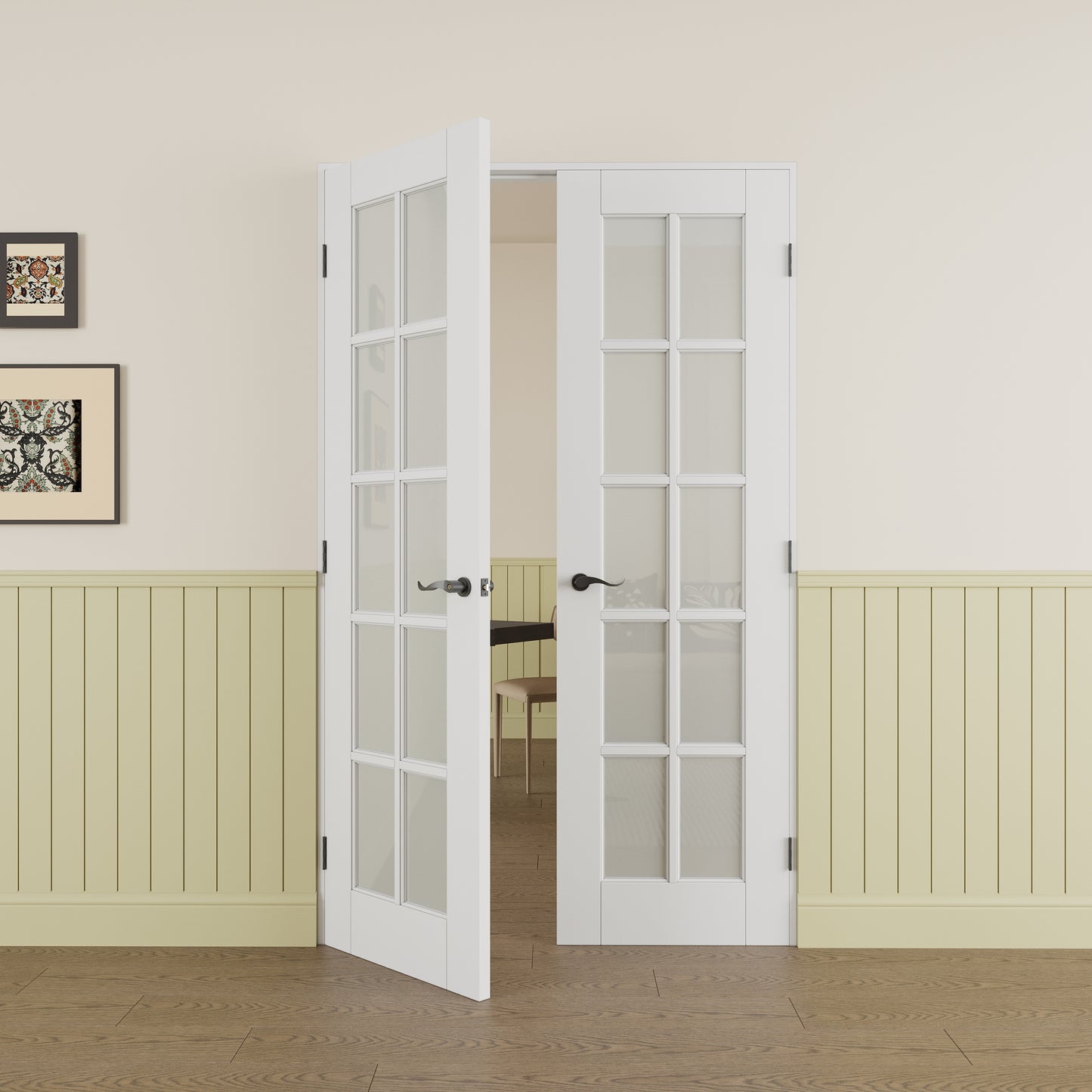 Jujubon 10-Lite Frosted Glass French Door with Hardware Kit & Ready-to-Assemble Jamb, Solid Core MDF Wood, White