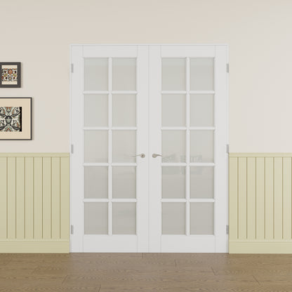 JUJUBON Prehung French Door, 10-Lite Frosted Glass Panel with Sliver Handware Kits, 4 Levers & Latch, Solid Core Interior Doors, Pre-Finished & Paintable, MDF Double Doors Interior
