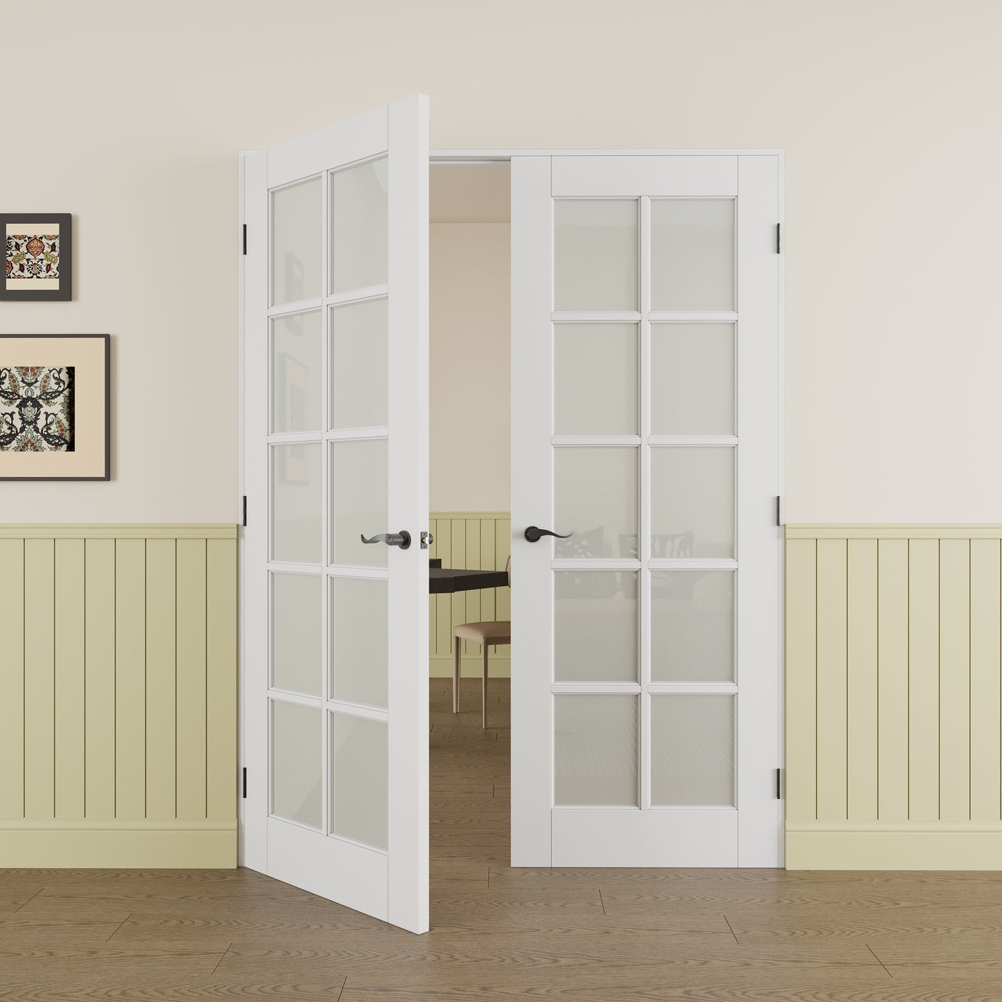 Jujubon 10-Lite Frosted Glass French Door with Hardware Kit & Ready-to-Assemble Jamb, Solid Core MDF Wood, White