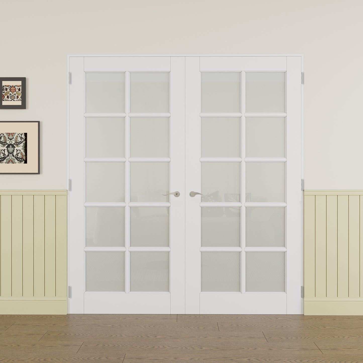 JUJUBON Prehung French Door, 10-Lite Frosted Glass Panel with Sliver Handware Kits, 4 Levers & Latch, Solid Core Interior Doors, Pre-Finished & Paintable, MDF Double Doors Interior