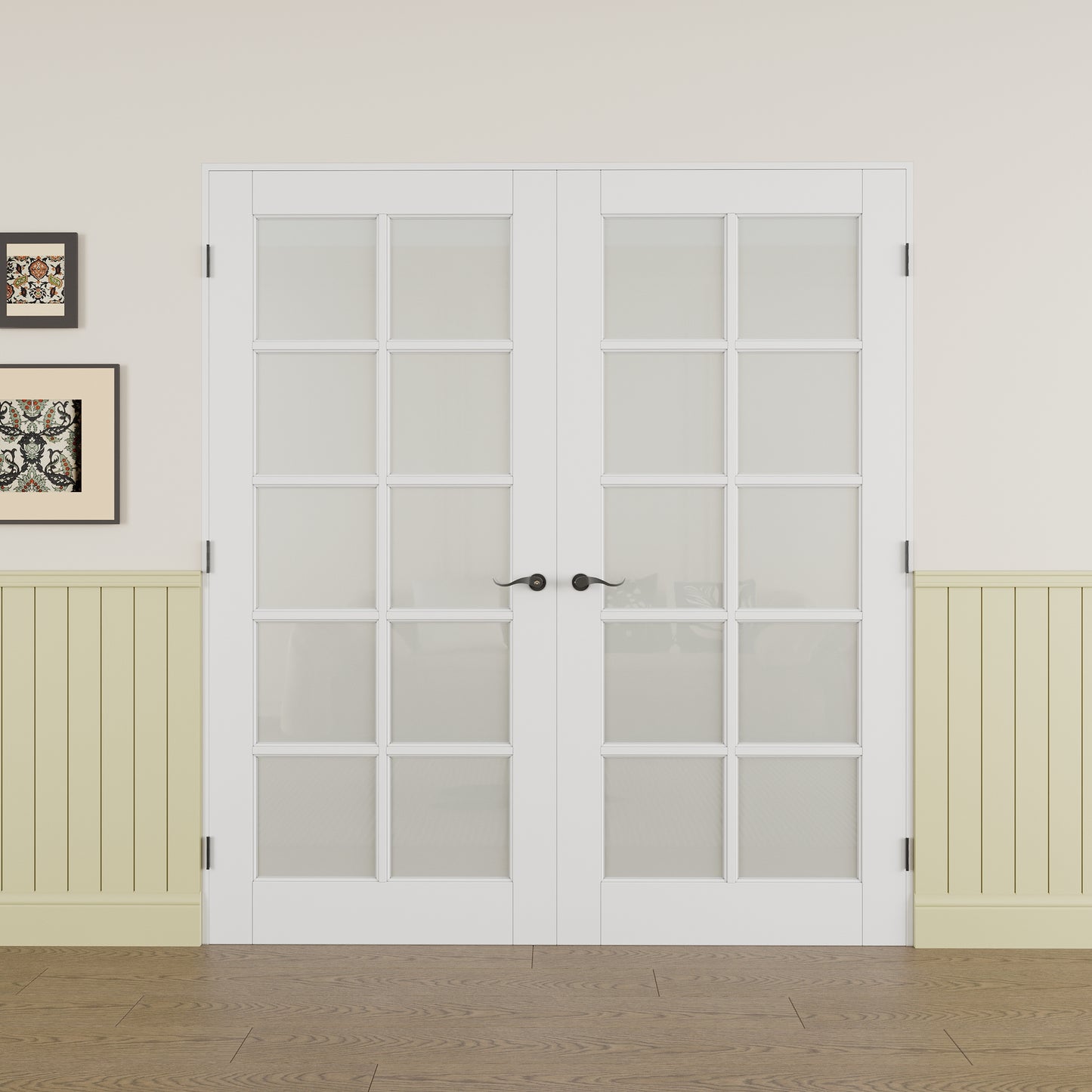 Jujubon 10-Lite Frosted Glass French Door with Hardware Kit & Ready-to-Assemble Jamb, Solid Core MDF Wood, White