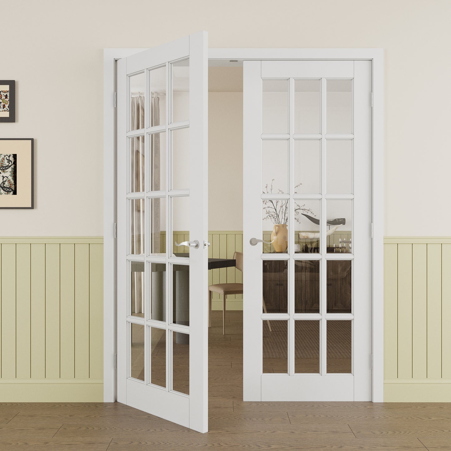 JUJUBON Prehung French Door, 15-Lite Clear Glass Panel with Sliver Handware Kits, 4 Levers & Latch, Solid Core Interior Doors, Pre-Finished & Paintable, MDF Double Doors Interior