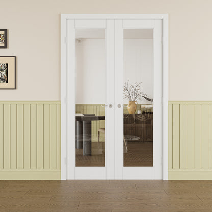 JUJUBON Prehung French Door, 1-Lite Clear Glass Panel with Sliver Handware Kits, 4 Levers & Latch, Solid Core Interior Doors, Pre-Finished & Paintable, MDF Double Doors Interior