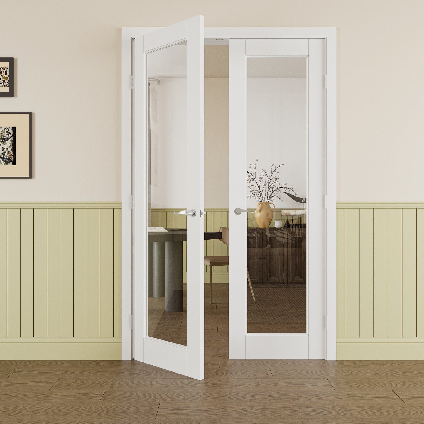 JUJUBON Prehung French Door, 1-Lite Clear Glass Panel with Sliver Handware Kits, 4 Levers & Latch, Solid Core Interior Doors, Pre-Finished & Paintable, MDF Double Doors Interior