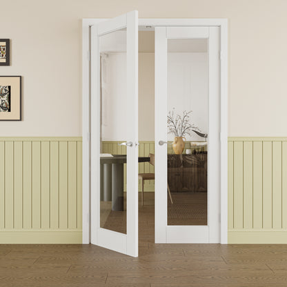 JUJUBON Prehung French Door, 1-Lite Clear Glass Panel with Sliver Handware Kits, 4 Levers & Latch, Solid Core Interior Doors, Pre-Finished & Paintable, MDF Double Doors Interior