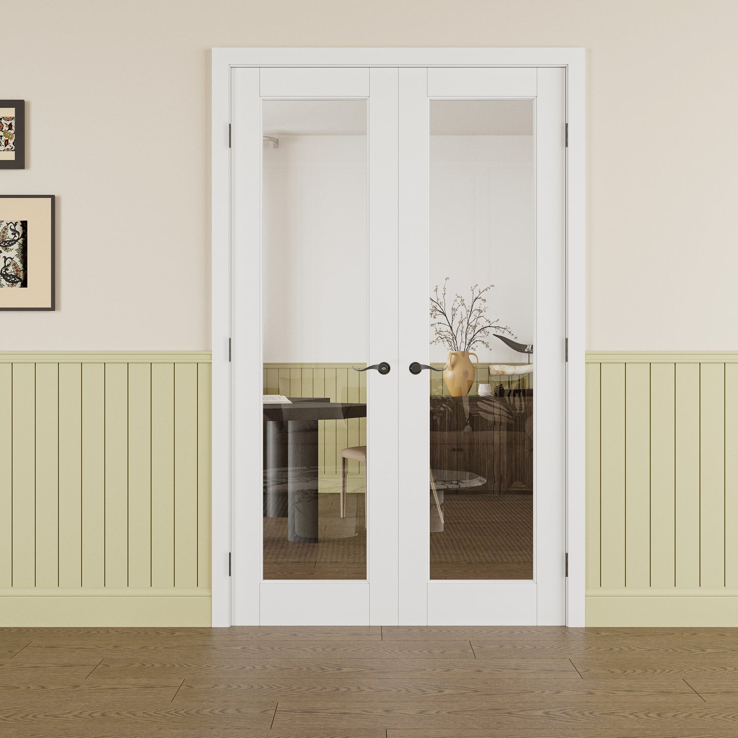 JUJUBON Prehung French Door, 1-Lite Tempered Clear Glass Door Slabs with Jamb, Black Hinges, 4 Levers & Latch, Solid Core Interior Doors, Pre-Finished & Paintable, MDF Double Doors Interior