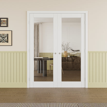JUJUBON Prehung French Door, 1-Lite Clear Glass Panel with Sliver Handware Kits, 4 Levers & Latch, Solid Core Interior Doors, Pre-Finished & Paintable, MDF Double Doors Interior