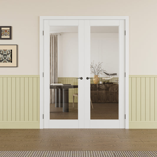 JUJUBON Prehung French Door, 1-Lite Tempered Clear Glass Door Slabs with Jamb, Black Hinges, 4 Levers & Latch, Solid Core Interior Doors, Pre-Finished & Paintable, MDF Double Doors Interior