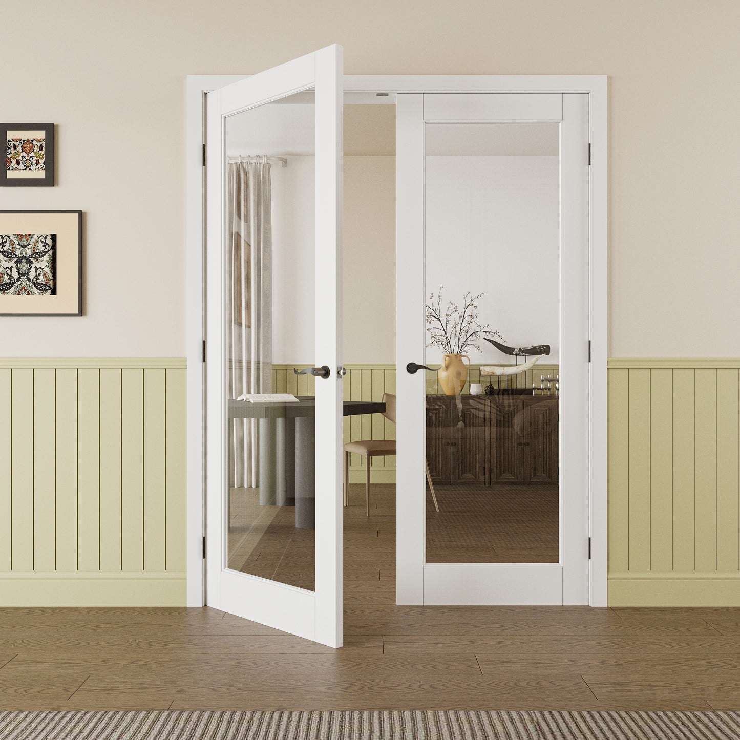 JUJUBON Prehung French Door, 1-Lite Tempered Clear Glass Door Slabs with Jamb, Black Hinges, 4 Levers & Latch, Solid Core Interior Doors, Pre-Finished & Paintable, MDF Double Doors Interior