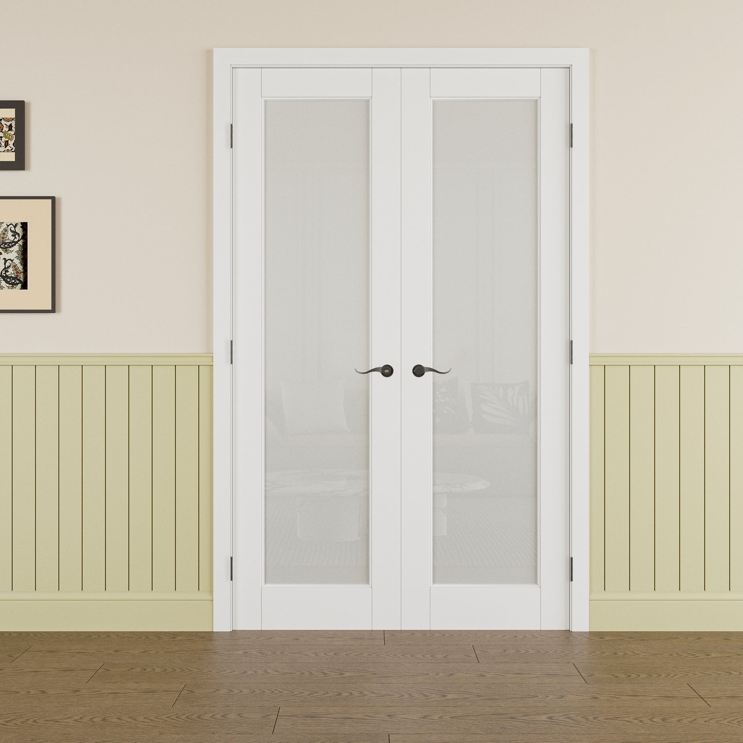 JUJUBON Prehung French Door, Tempered Frosted Glass Door Slabs with Jamb, Black Hinges, 4 Levers & Latch, Solid Core Interior Doosr, Pre-Finished & Paintable, MDF Double Doors Interior