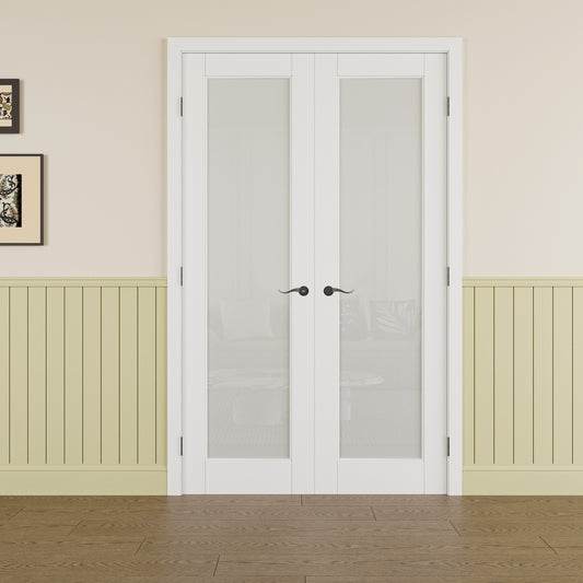 JUJUBON Prehung French Door, Tempered Frosted Glass Door Slabs with Jamb, Black Hinges, 4 Levers & Latch, Solid Core Interior Doosr, Pre-Finished & Paintable, MDF Double Doors Interior