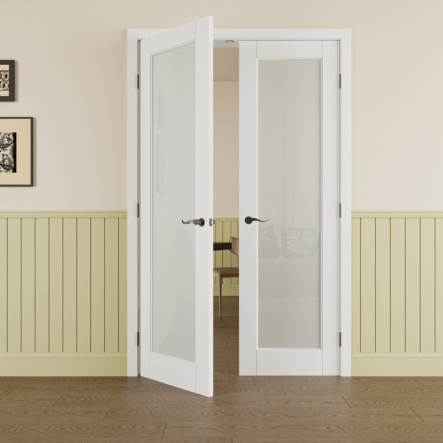 JUJUBON Prehung French Door, Tempered Frosted Glass Door Slabs with Jamb, Black Hinges, 4 Levers & Latch, Solid Core Interior Doosr, Pre-Finished & Paintable, MDF Double Doors Interior