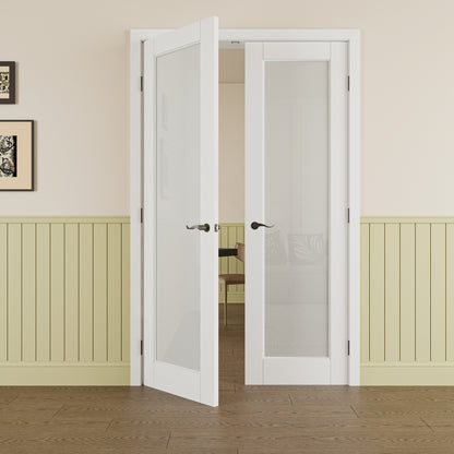 JUJUBON Prehung French Door, Tempered Frosted Glass Door Slabs with Jamb, Black Hinges, 4 Levers & Latch, Solid Core Interior Doosr, Pre-Finished & Paintable, MDF Double Doors Interior