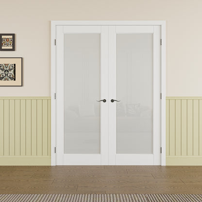 JUJUBON Prehung French Door, Tempered Frosted Glass Door Slabs with Jamb, Black Hinges, 4 Levers & Latch, Solid Core Interior Doosr, Pre-Finished & Paintable, MDF Double Doors Interior