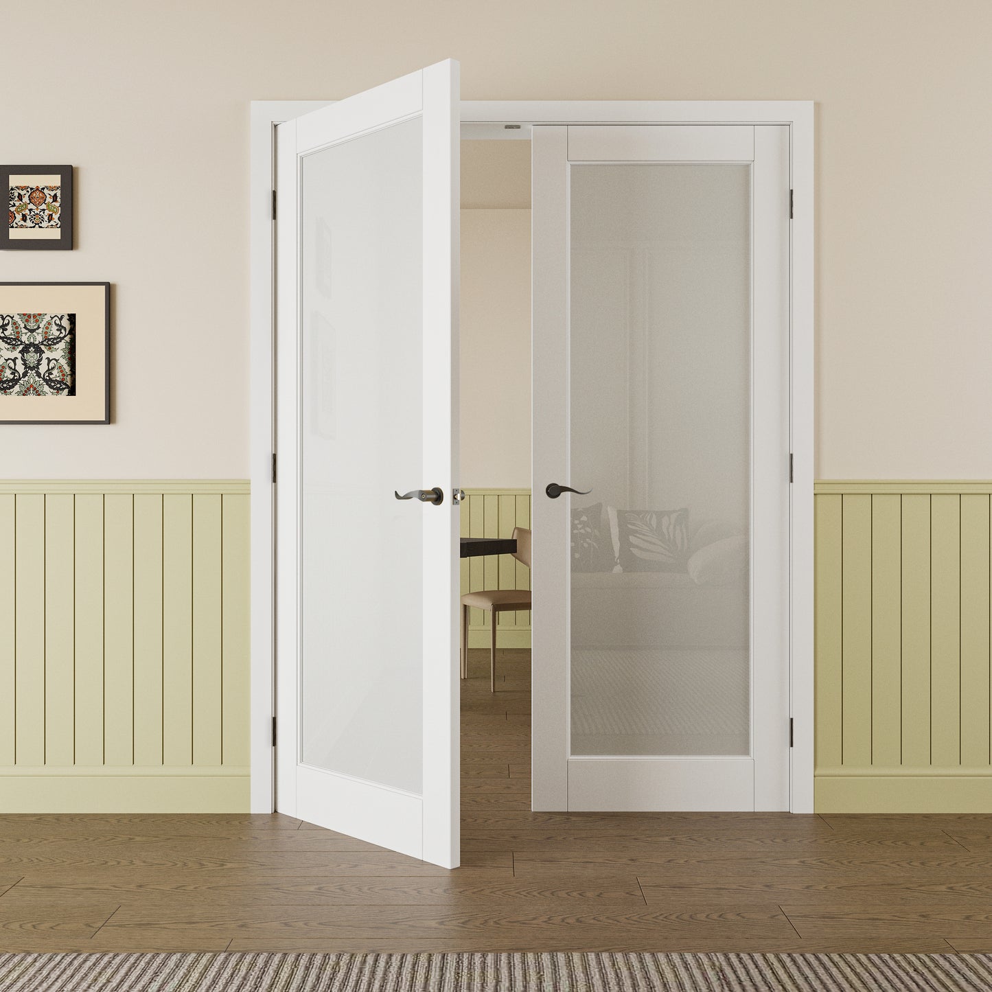 JUJUBON Prehung French Door, Tempered Frosted Glass Door Slabs with Jamb, Black Hinges, 4 Levers & Latch, Solid Core Interior Doosr, Pre-Finished & Paintable, MDF Double Doors Interior