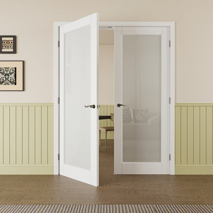 JUJUBON Prehung French Door, Tempered Frosted Glass Door Slabs with Jamb, Black Hinges, 4 Levers & Latch, Solid Core Interior Doosr, Pre-Finished & Paintable, MDF Double Doors Interior