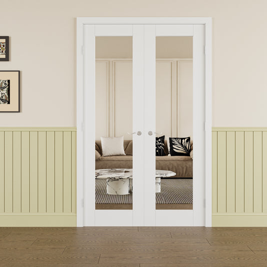 JUJUBON Prehung French Door, 1-Lite Mirror Door Slabs with Sliver Handware Kits, 4 Levers & Latch, Solid Core Interior Doors, Pre-Finished & Paintable, One Side Mirror & The Opposite White