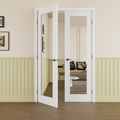 JUJUBON Prehung French Door, Mirror Door Slabs with Jamb, Black Hinges, 4 Levers & Latch, Solid Core Interior Doors, Pre-Finished & Paintable, One Side Mirror & The Opposite White