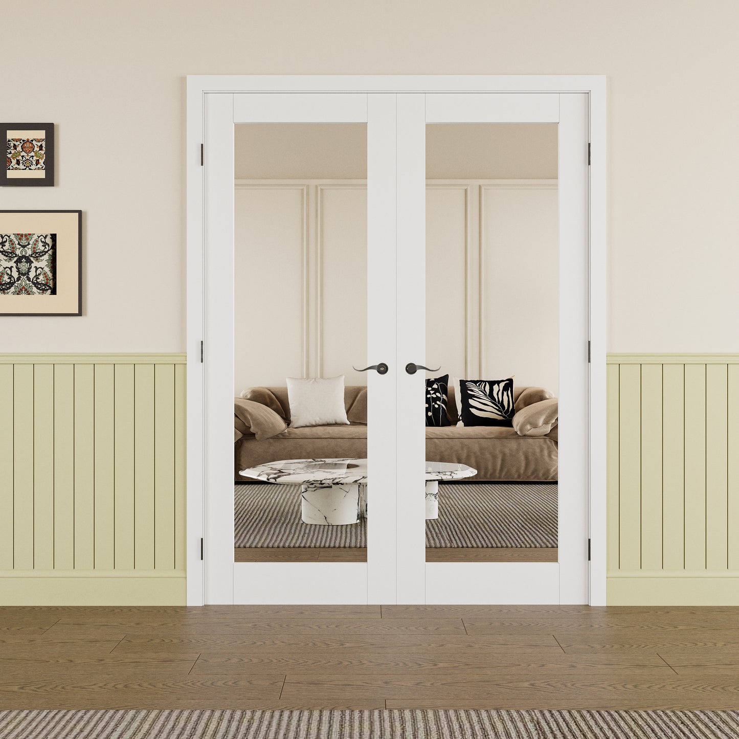 JUJUBON Prehung French Door, Mirror Door Slabs with Jamb, Black Hinges, 4 Levers & Latch, Solid Core Interior Doors, Pre-Finished & Paintable, One Side Mirror & The Opposite White