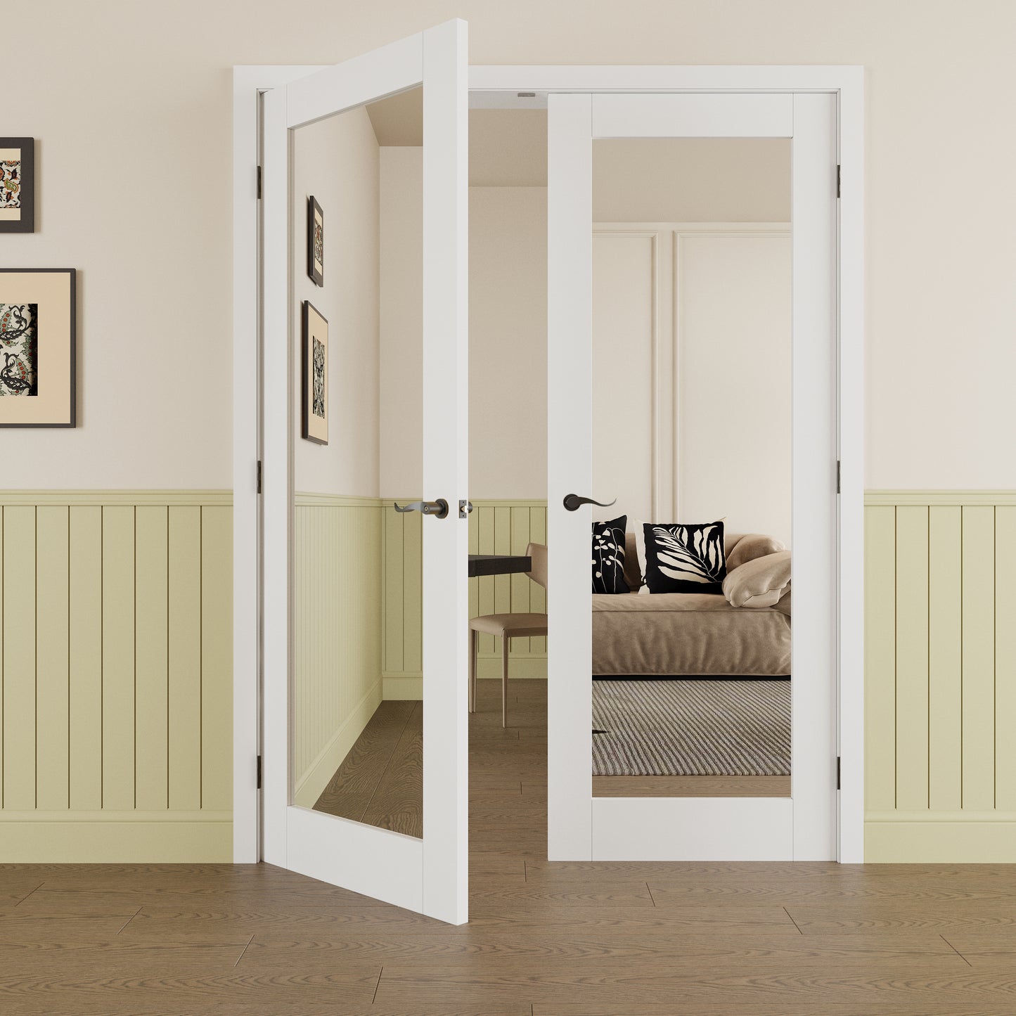 JUJUBON Prehung French Door, Mirror Door Slabs with Jamb, Black Hinges, 4 Levers & Latch, Solid Core Interior Doors, Pre-Finished & Paintable, One Side Mirror & The Opposite White