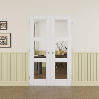 JUJUBON Prehung French Door, 3-Lite Clear Glass Panel with Sliver Handware Kits, 4 Levers & Latch, Solid Core Interior Doors, Pre-Finished & Paintable, MDF Double Doors Interior