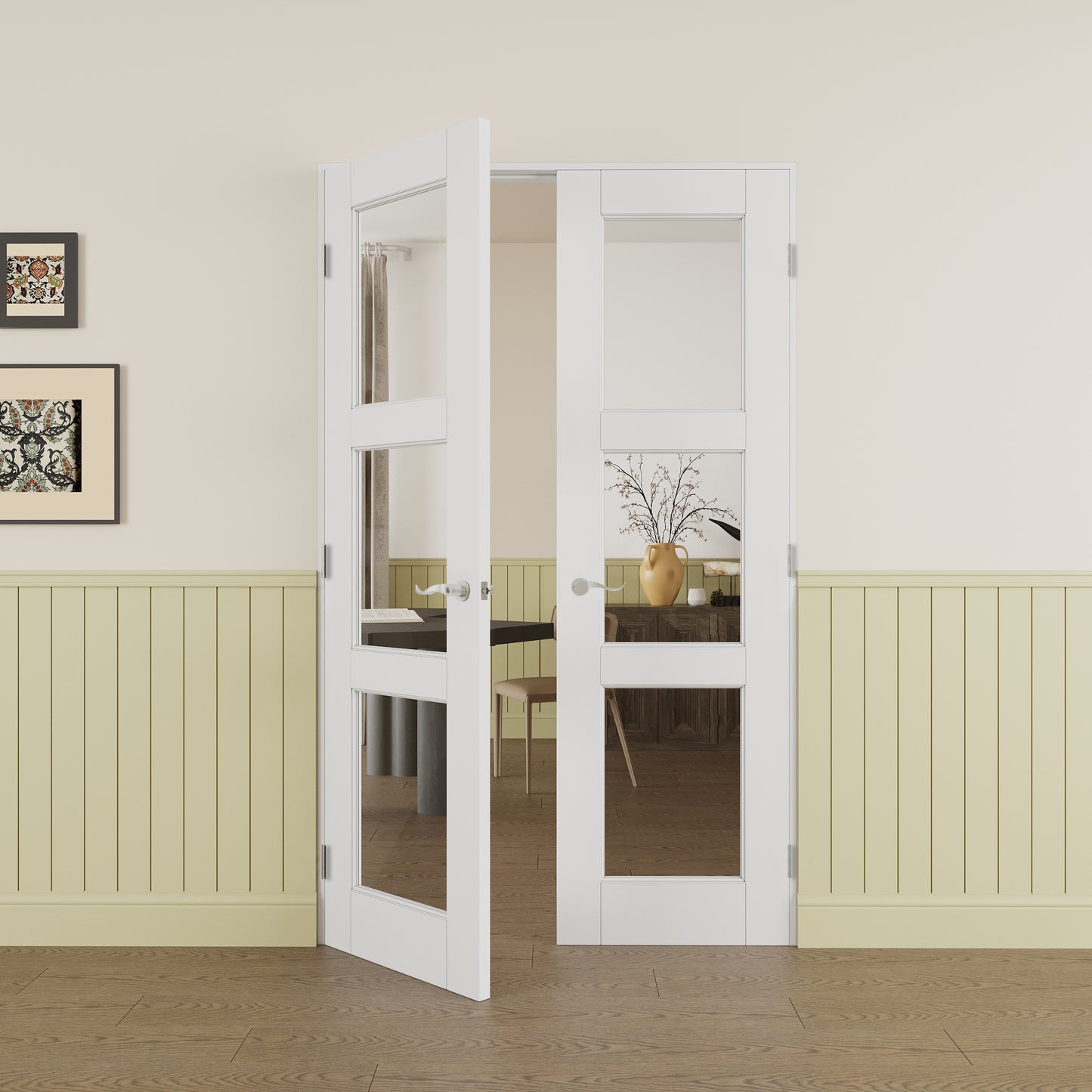 JUJUBON Prehung French Door, 3-Lite Clear Glass Panel with Sliver Handware Kits, 4 Levers & Latch, Solid Core Interior Doors, Pre-Finished & Paintable, MDF Double Doors Interior