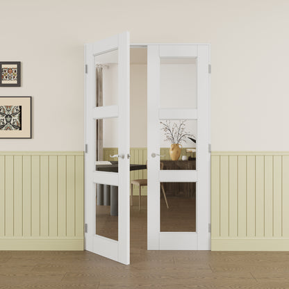 JUJUBON Prehung French Door, 3-Lite Clear Glass Panel with Sliver Handware Kits, 4 Levers & Latch, Solid Core Interior Doors, Pre-Finished & Paintable, MDF Double Doors Interior