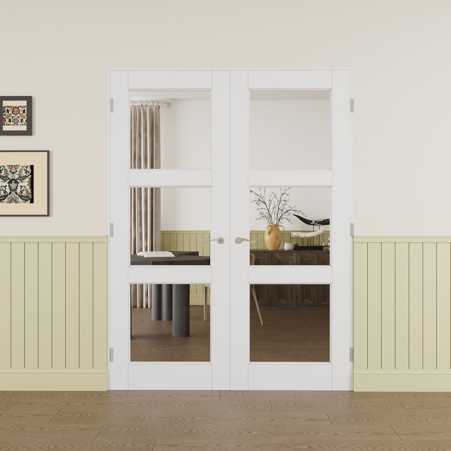 JUJUBON Prehung French Door, 3-Lite Clear Glass Panel with Sliver Handware Kits, 4 Levers & Latch, Solid Core Interior Doors, Pre-Finished & Paintable, MDF Double Doors Interior