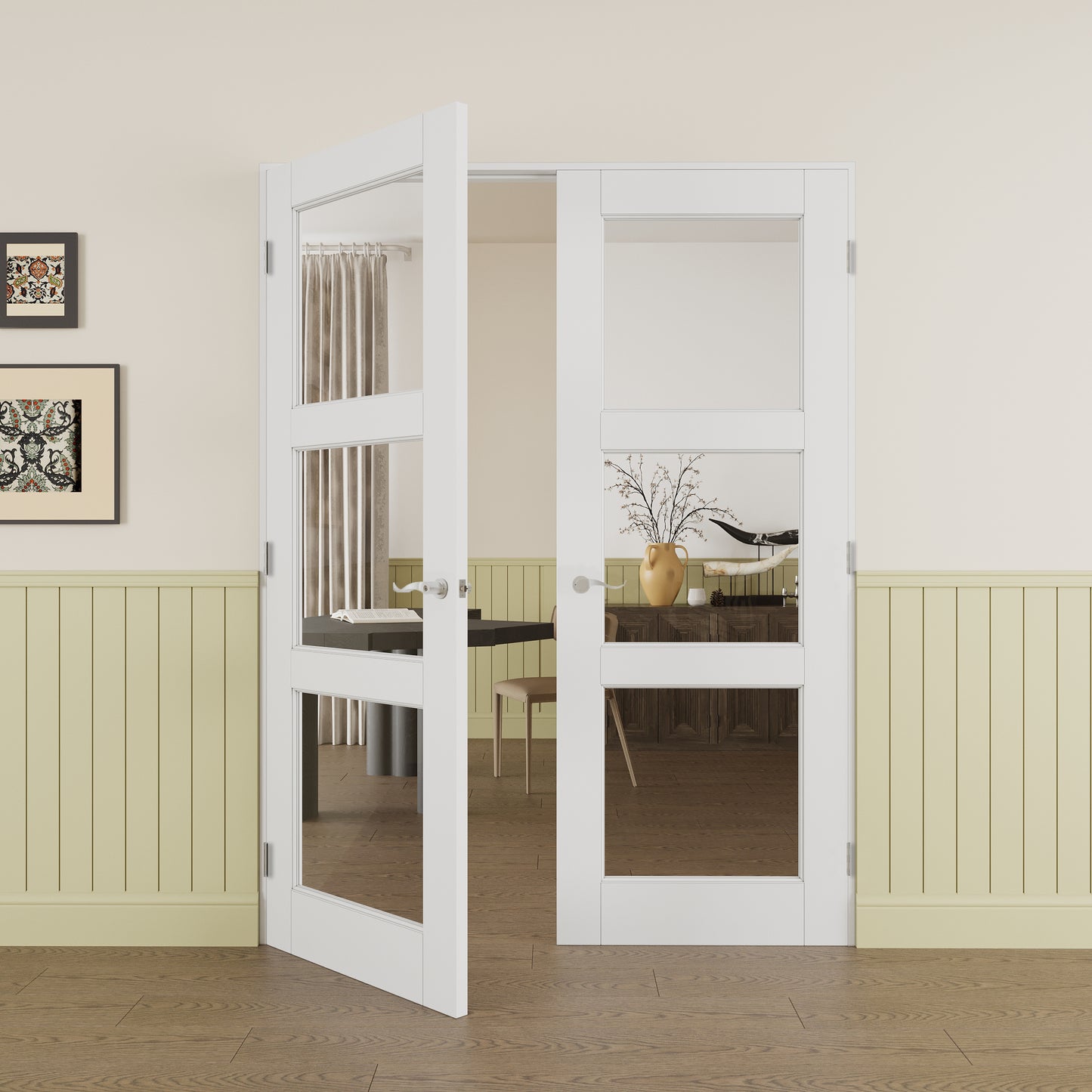 JUJUBON Prehung French Door, 3-Lite Clear Glass Panel with Sliver Handware Kits, 4 Levers & Latch, Solid Core Interior Doors, Pre-Finished & Paintable, MDF Double Doors Interior