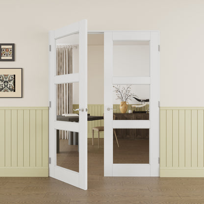JUJUBON Prehung French Door, 3-Lite Clear Glass Panel with Sliver Handware Kits, 4 Levers & Latch, Solid Core Interior Doors, Pre-Finished & Paintable, MDF Double Doors Interior