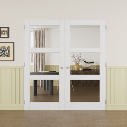 JUJUBON Prehung French Door, 3-Lite Clear Glass Panel with Sliver Handware Kits, 4 Levers & Latch, Solid Core Interior Doors, Pre-Finished & Paintable, MDF Double Doors Interior