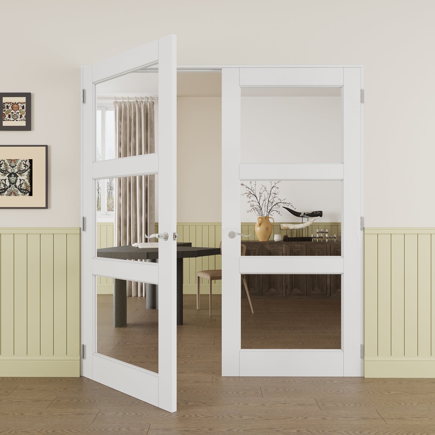 JUJUBON Prehung French Door, 3-Lite Clear Glass Panel with Sliver Handware Kits, 4 Levers & Latch, Solid Core Interior Doors, Pre-Finished & Paintable, MDF Double Doors Interior