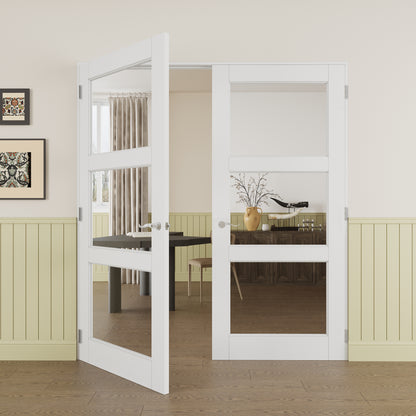 JUJUBON Prehung French Door, 3-Lite Clear Glass Panel with Sliver Handware Kits, 4 Levers & Latch, Solid Core Interior Doors, Pre-Finished & Paintable, MDF Double Doors Interior
