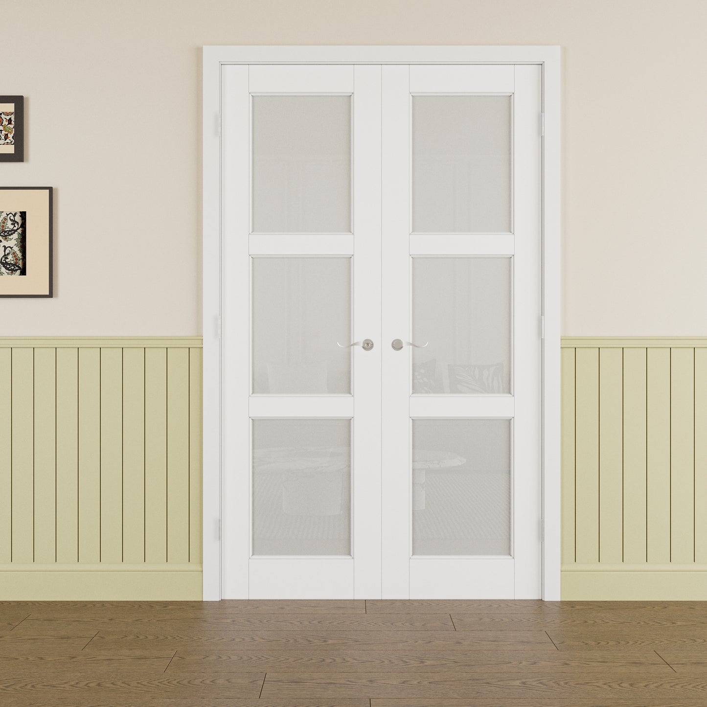 JUJUBON Prehung French Door, 3-Lite Frosted Glass Panel with Sliver Handware Kits, 4 Levers & Latch, Solid Core Interior Doors, Pre-Finished & Paintable, MDF Double Doors Interior