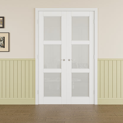 JUJUBON Prehung French Door, 3-Lite Frosted Glass Panel with Sliver Handware Kits, 4 Levers & Latch, Solid Core Interior Doors, Pre-Finished & Paintable, MDF Double Doors Interior