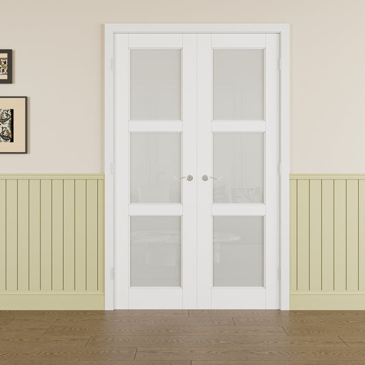 JUJUBON Prehung French Door, 3-Lite Frosted Glass Panel with Sliver Handware Kits, 4 Levers & Latch, Solid Core Interior Doors, Pre-Finished & Paintable, MDF Double Doors Interior