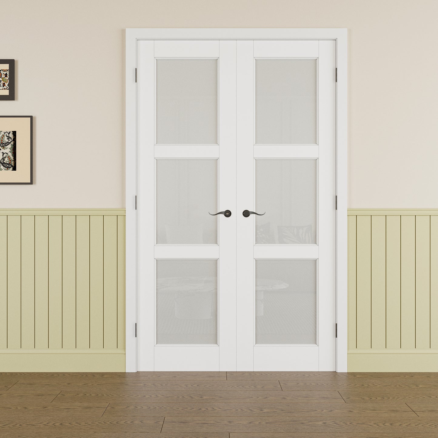 JUJUBON Prehung French Door, 3 Lite Tempered Frosted Glass Door Slabs with Jamb, Black Hinges, 4 Levers & Latch, Solid Core Interior Doors, Pre-Finished & Paintable, MDF Double Doors Interior