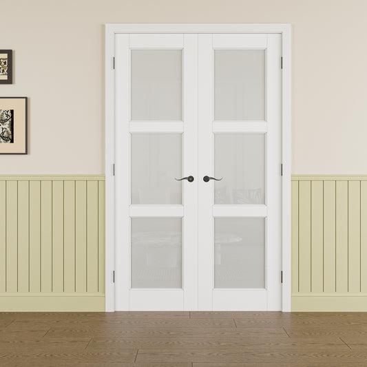 JUJUBON Prehung French Door, 3 Lite Tempered Frosted Glass Door Slabs with Jamb, Black Hinges, 4 Levers & Latch, Solid Core Interior Doors, Pre-Finished & Paintable, MDF Double Doors Interior