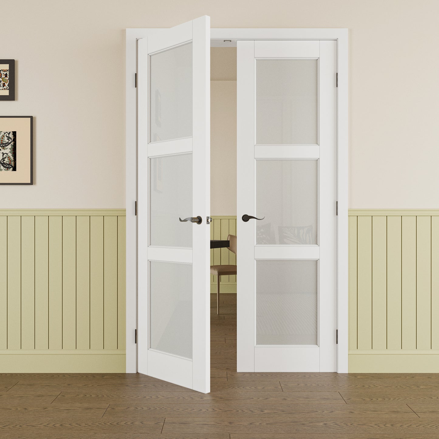 JUJUBON Prehung French Door, 3 Lite Tempered Frosted Glass Door Slabs with Jamb, Black Hinges, 4 Levers & Latch, Solid Core Interior Doors, Pre-Finished & Paintable, MDF Double Doors Interior