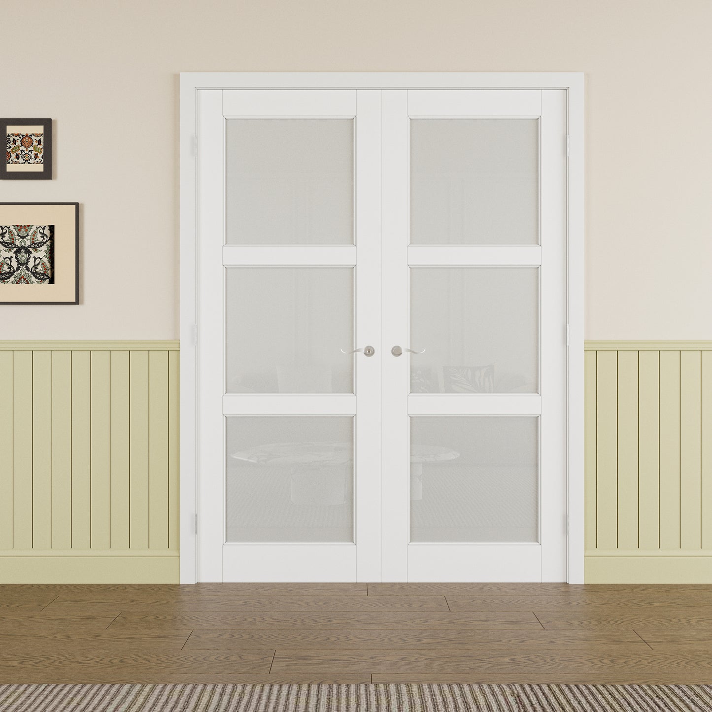 JUJUBON Prehung French Door, 3-Lite Frosted Glass Panel with Sliver Handware Kits, 4 Levers & Latch, Solid Core Interior Doors, Pre-Finished & Paintable, MDF Double Doors Interior