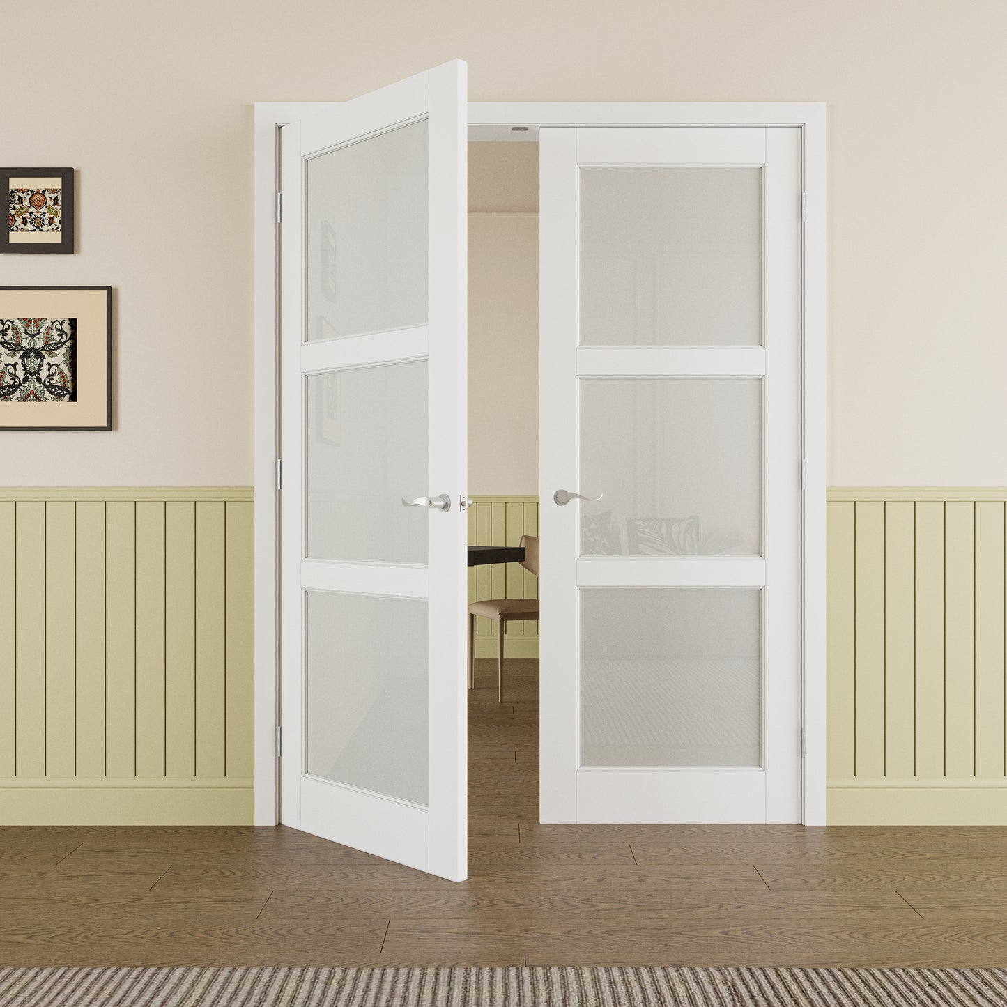 JUJUBON Prehung French Door, 3-Lite Frosted Glass Panel with Sliver Handware Kits, 4 Levers & Latch, Solid Core Interior Doors, Pre-Finished & Paintable, MDF Double Doors Interior