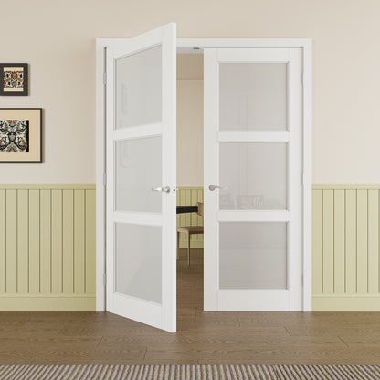JUJUBON Prehung French Door, 3-Lite Frosted Glass Panel with Sliver Handware Kits, 4 Levers & Latch, Solid Core Interior Doors, Pre-Finished & Paintable, MDF Double Doors Interior