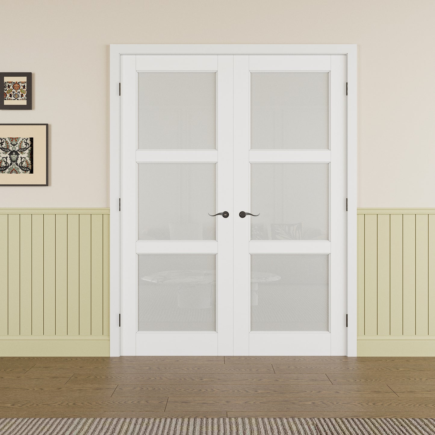 JUJUBON Prehung French Door, 3 Lite Tempered Frosted Glass Door Slabs with Jamb, Black Hinges, 4 Levers & Latch, Solid Core Interior Doors, Pre-Finished & Paintable, MDF Double Doors Interior