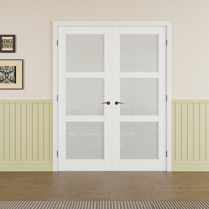 JUJUBON Prehung French Door, 3 Lite Tempered Frosted Glass Door Slabs with Jamb, Black Hinges, 4 Levers & Latch, Solid Core Interior Doors, Pre-Finished & Paintable, MDF Double Doors Interior