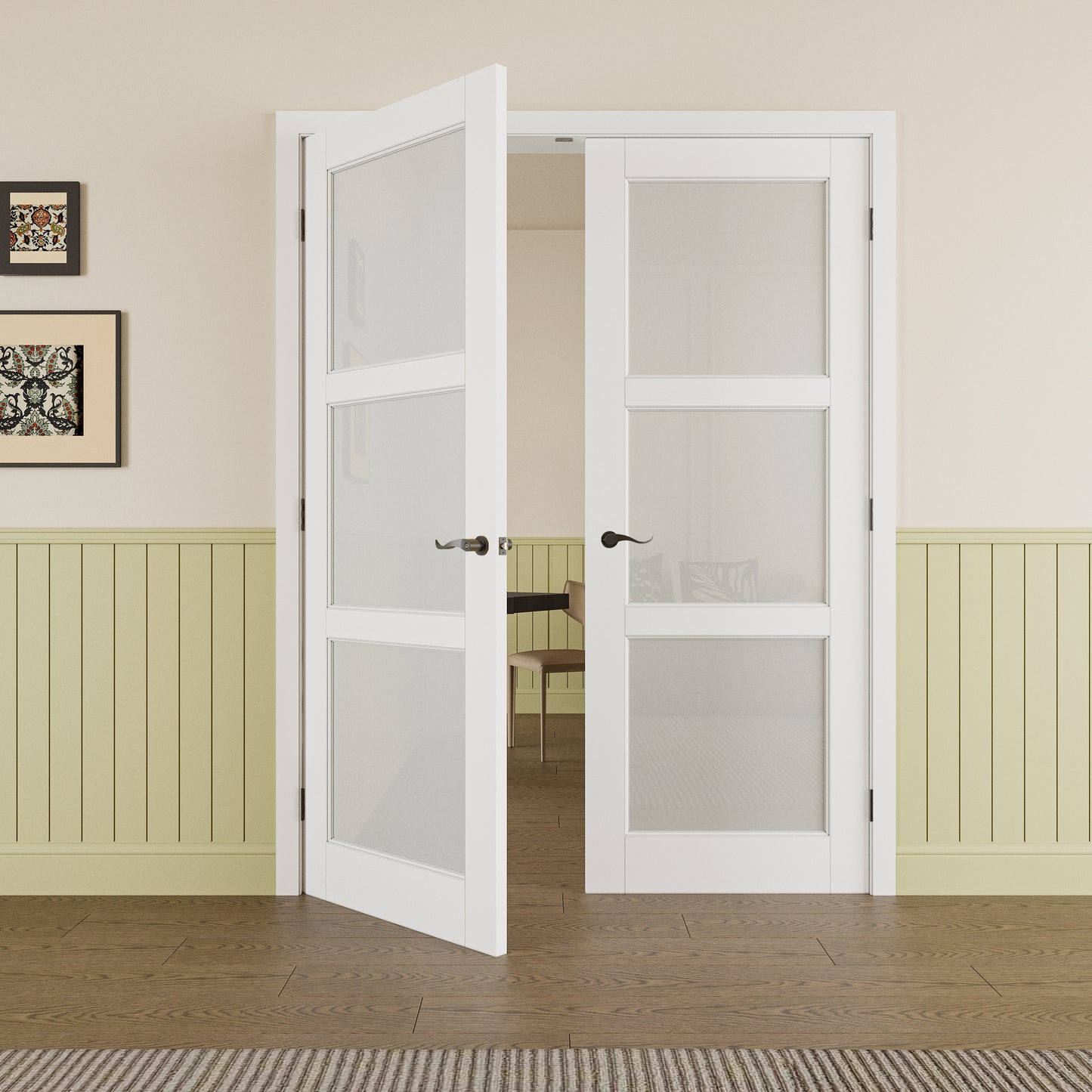 JUJUBON Prehung French Door, 3 Lite Tempered Frosted Glass Door Slabs with Jamb, Black Hinges, 4 Levers & Latch, Solid Core Interior Doors, Pre-Finished & Paintable, MDF Double Doors Interior