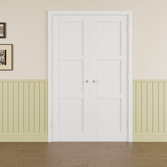 JUJUBON Prehung French Door, 3 Panel Solid Core Door Slabs with Sliver Handware Kits, 4 Levers & Latch, Solid Core Interior Doors, Pre-Finished & Paintable, MDF Double Doors Interior